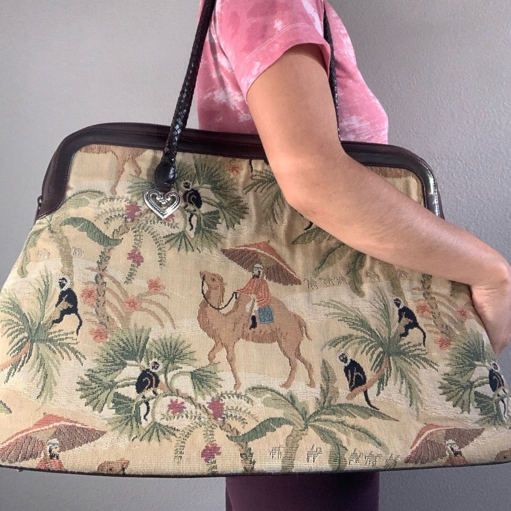 Brighton Camel Monkey Tapestry Weekender Shoulder Bag Braided Leather Straps